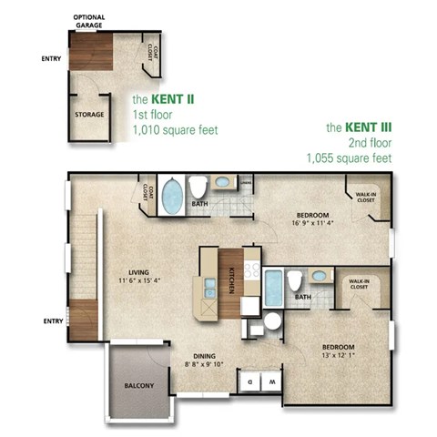 Floor plan for 2 beds, 2 baths, 1055 sqft